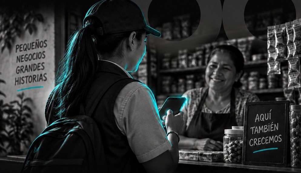Gestora de crédito registrando una visita con su celular en una pulpería