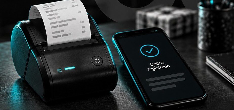 Impresora portátil emitiendo un comprobante junto a un celular con cobro registrado