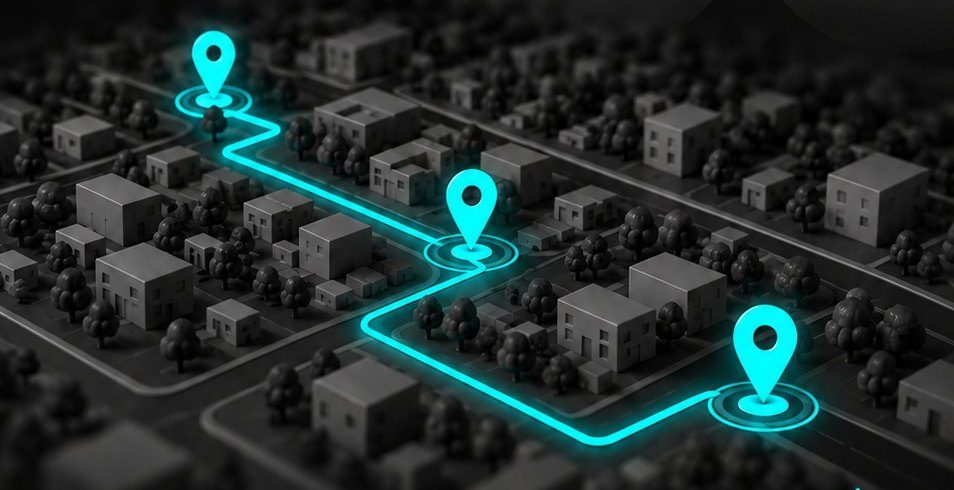 Mapa de una ciudad con una ruta iluminada entre tres clientes